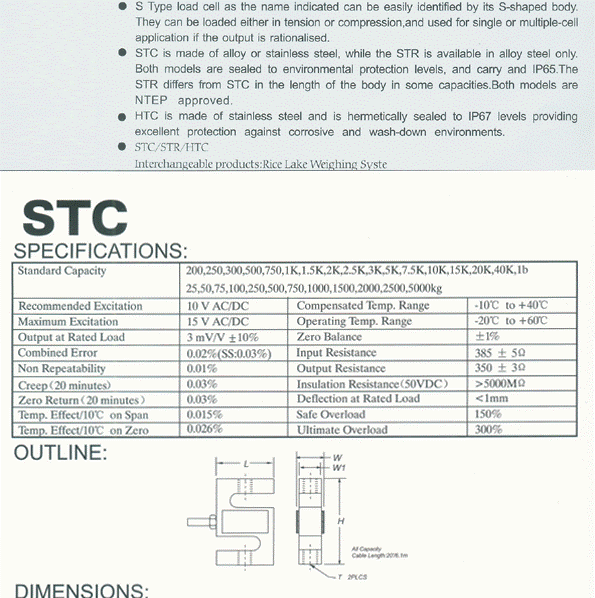 美國世銓CELTRON STC-5KG 稱重傳感器技術參數(shù)圖